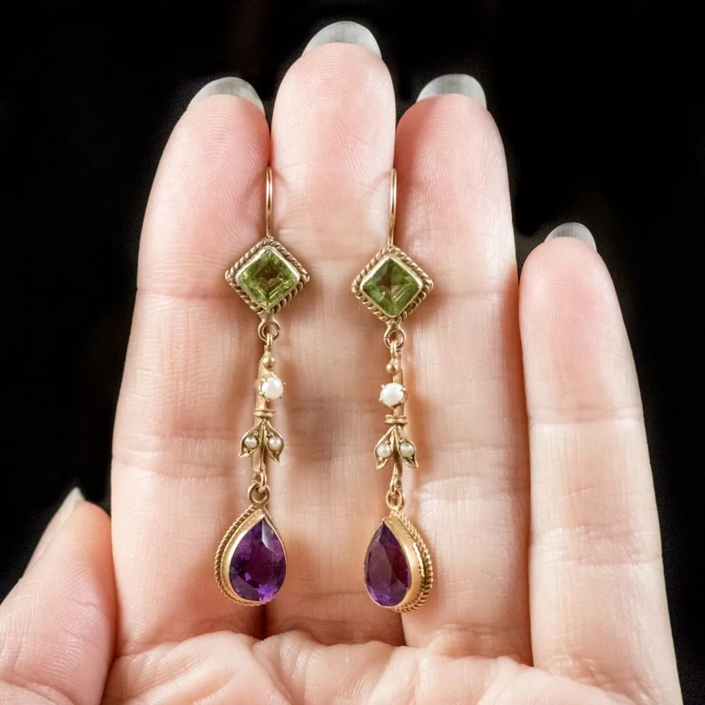 Antique Victorian Suffragette Drop Earrings 18Ct Gold Circa 1900