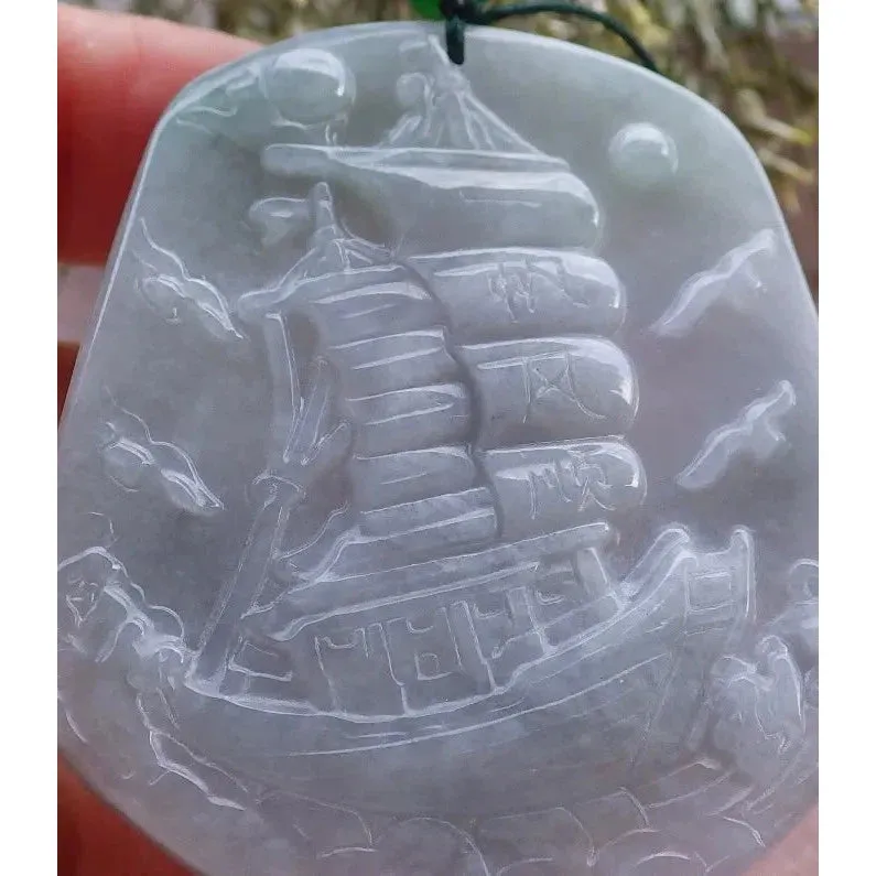 Certified Green 100% Natural A Jade Jadeite Pendant Sailboat Necklace